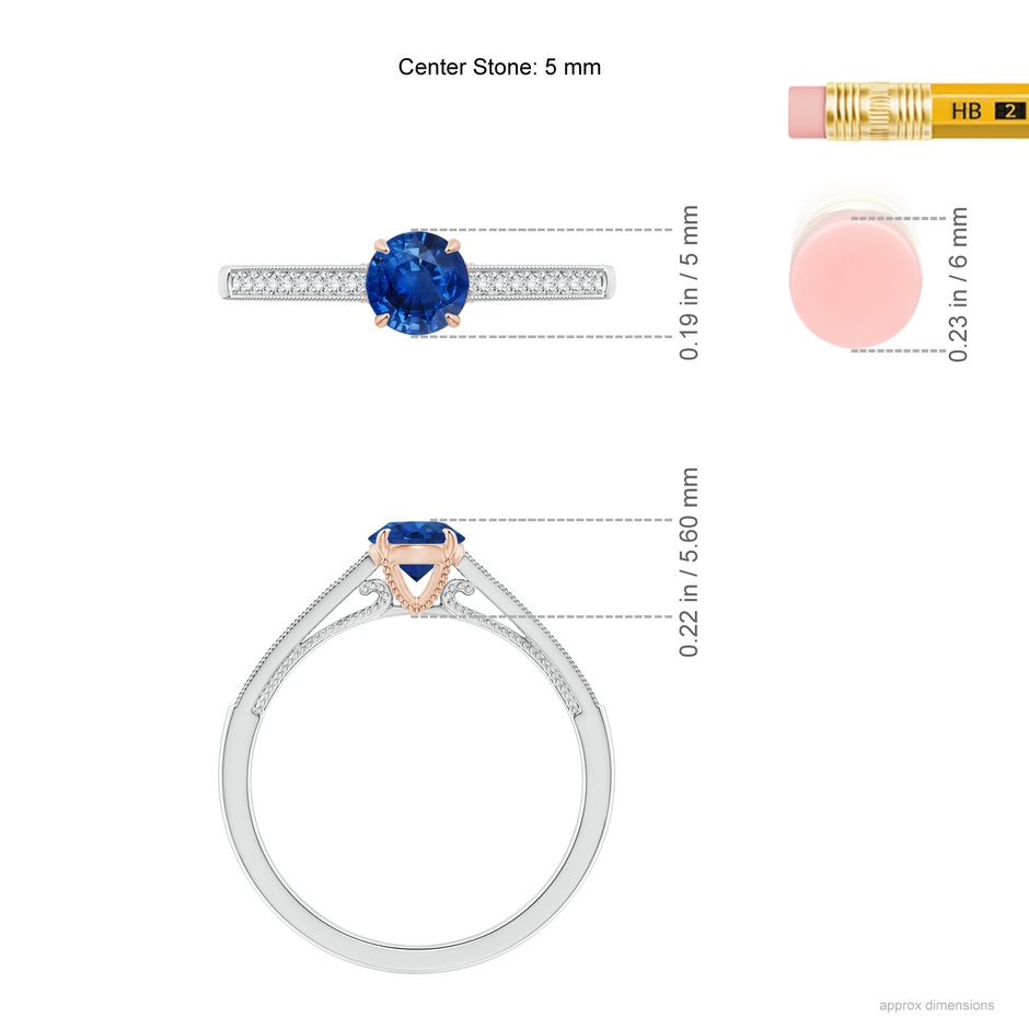 5mm AAA Vintage Inspired Claw-Set Round Sapphire Solitaire Ring in White Gold Rose Gold ruler