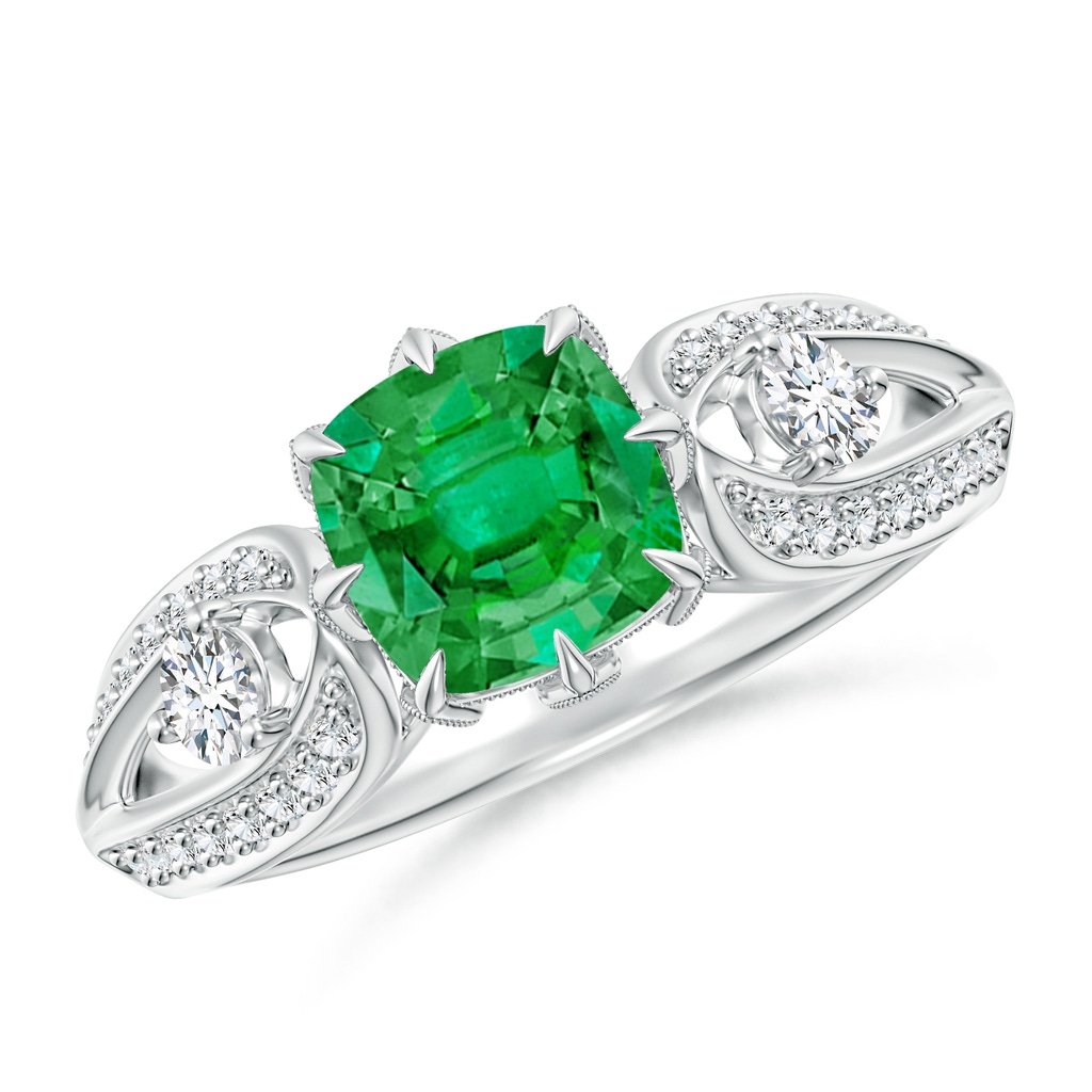 6mm AAA Vintage Inspired Cushion Emerald Split Shank Ring in White Gold