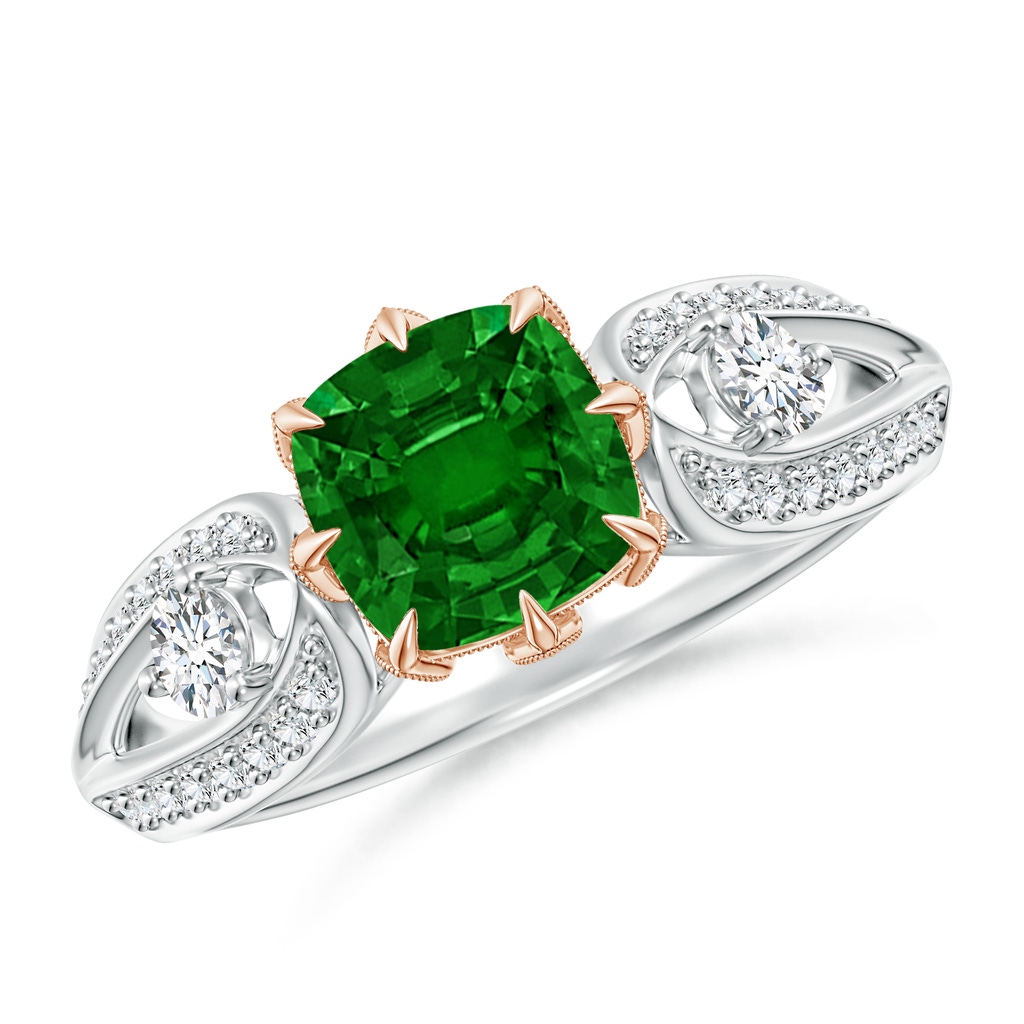 6mm AAAA Vintage Inspired Cushion Emerald Split Shank Ring in White Gold Rose Gold