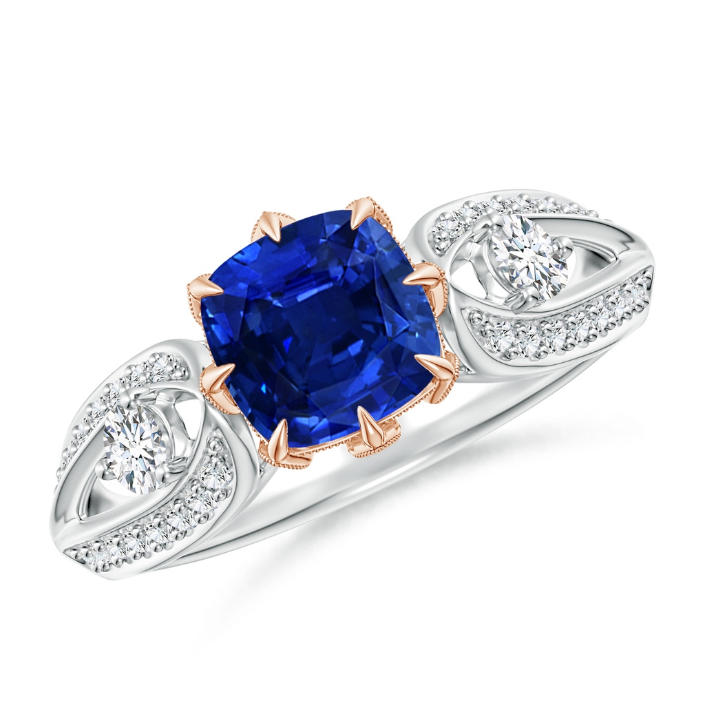 6mm AAAA Vintage Inspired Cushion Sapphire Split Shank Ring in White Gold Rose Gold