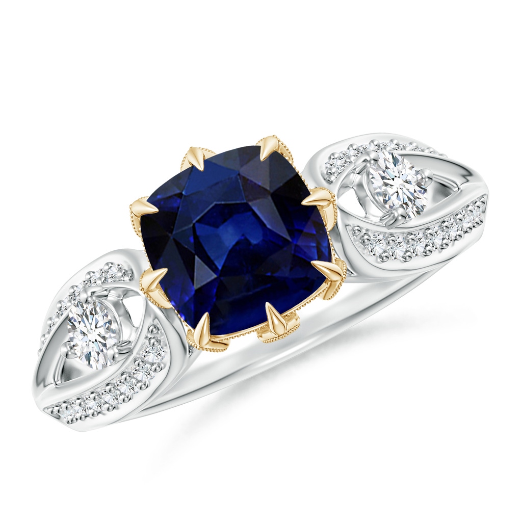 7mm AAA Vintage Inspired Cushion Sapphire Split Shank Ring in White Gold Yellow Gold
