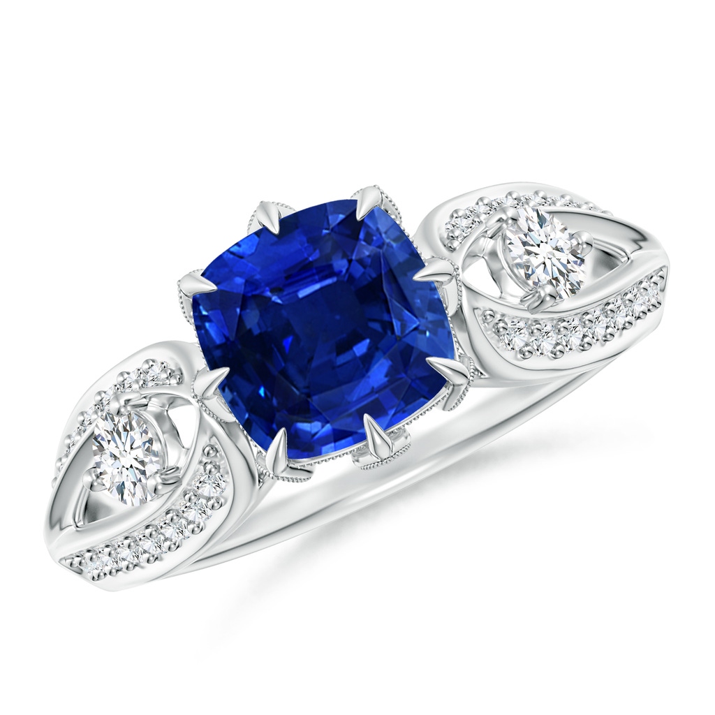 7mm Lab-Grown Vintage Inspired Cushion Sapphire Split Shank Ring in White Gold