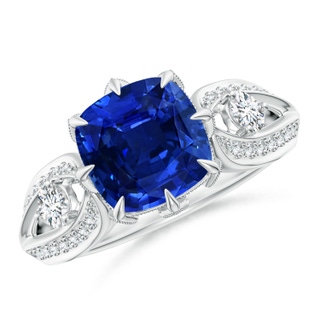 8mm AAAA Vintage Inspired Cushion Sapphire Split Shank Ring in White Gold