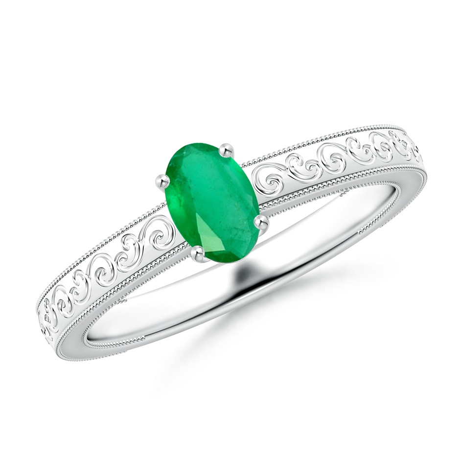 6x4mm A Vintage Inspired Oval Emerald Ring with Engraved Shank in White Gold 