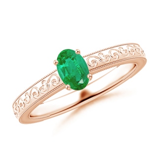 6x4mm AA Vintage Inspired Oval Emerald Ring with Engraved Shank in 10K Rose Gold