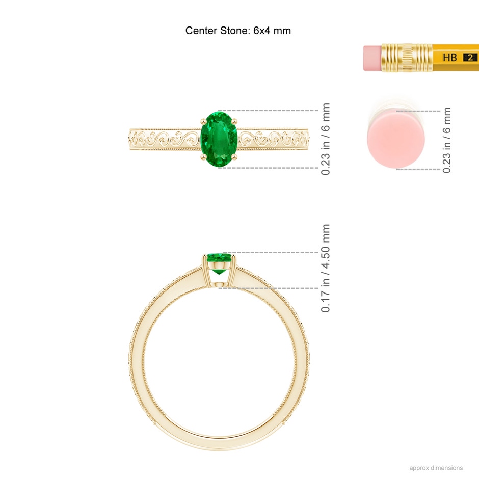 6x4mm AAAA Vintage Inspired Oval Emerald Ring with Engraved Shank in 10K Yellow Gold ruler