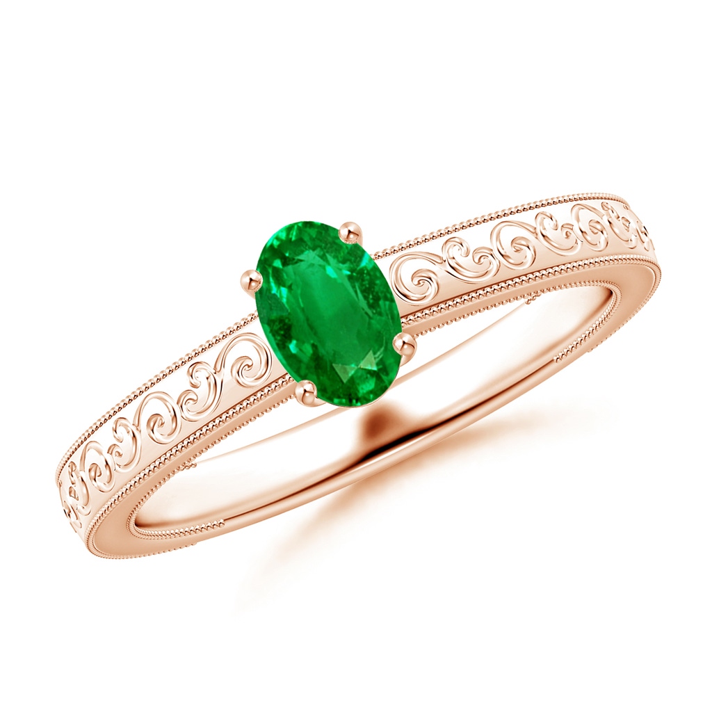 6x4mm AAAA Vintage Inspired Oval Emerald Ring with Engraved Shank in Rose Gold