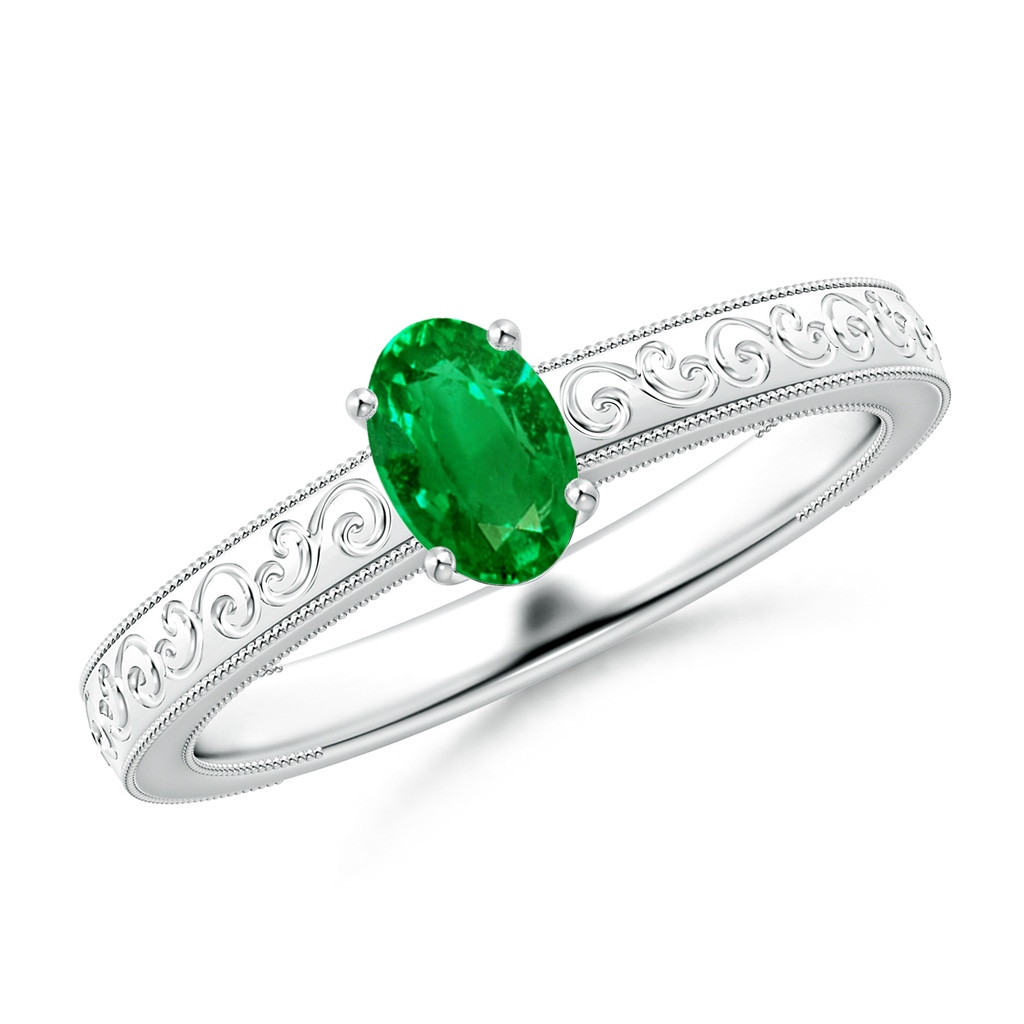 6x4mm AAAA Vintage Inspired Oval Emerald Ring with Engraved Shank in White Gold