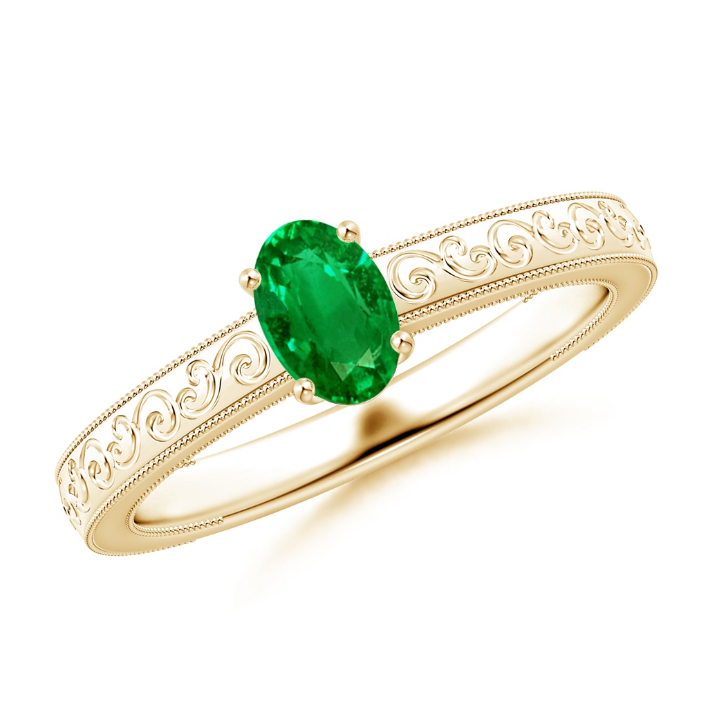 6x4mm AAAA Vintage Inspired Oval Emerald Ring with Engraved Shank in Yellow Gold