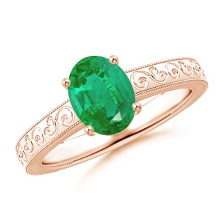 8x6mm AA Vintage Inspired Oval Emerald Ring with Engraved Shank in Rose Gold