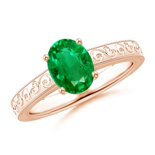 8x6mm AAA Vintage Inspired Oval Emerald Ring with Engraved Shank in Rose Gold