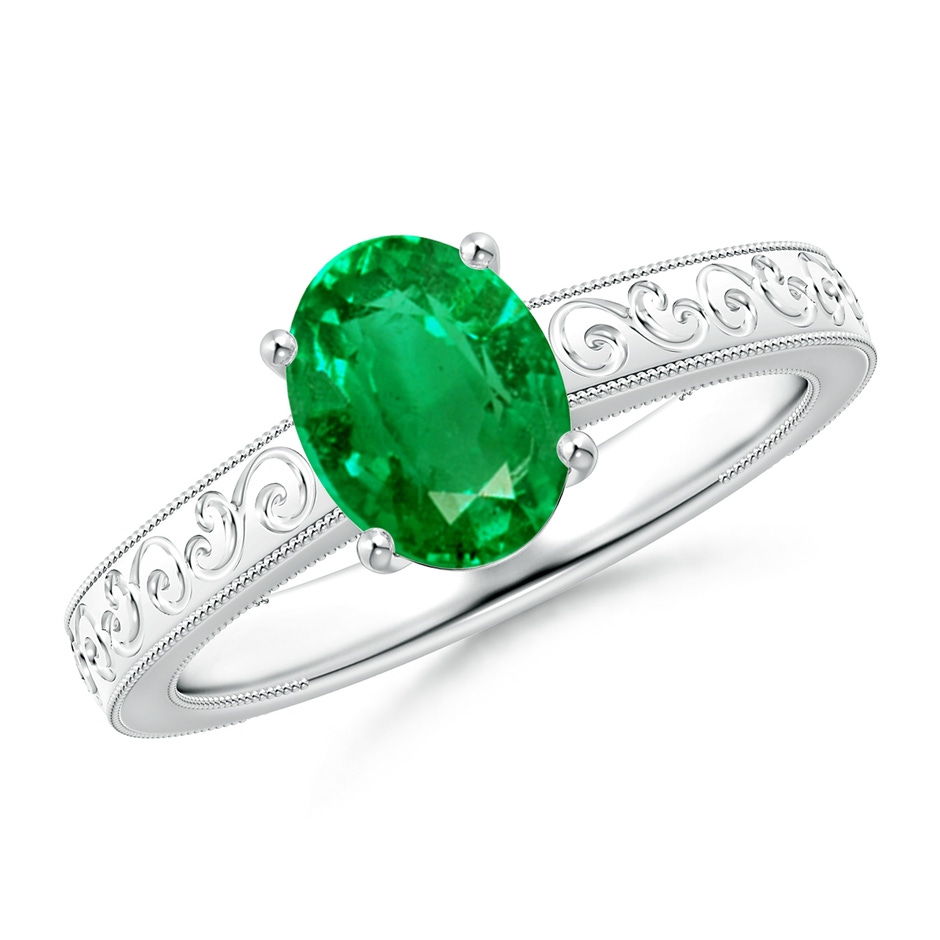 8x6mm AAA Vintage Inspired Oval Emerald Ring with Engraved Shank in White Gold 