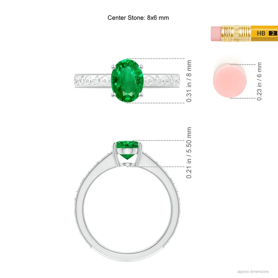 8x6mm AAA Vintage Inspired Oval Emerald Ring with Engraved Shank in White Gold ruler