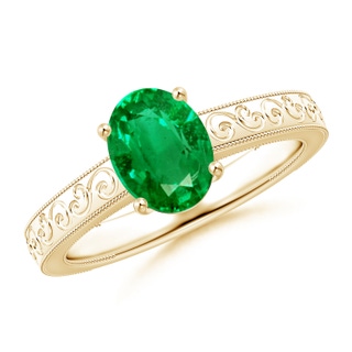 8x6mm AAA Vintage Inspired Oval Emerald Ring with Engraved Shank in Yellow Gold