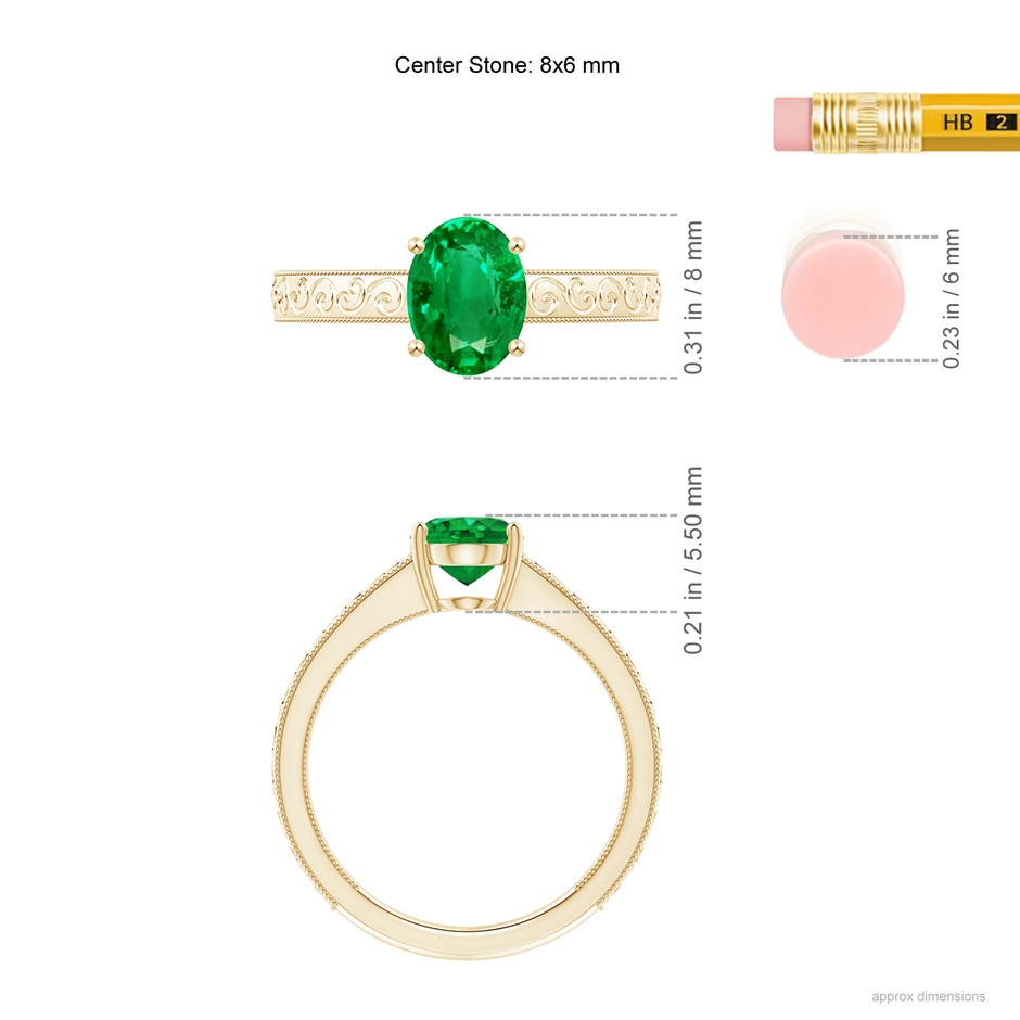 8x6mm AAA Vintage Inspired Oval Emerald Ring with Engraved Shank in Yellow Gold ruler