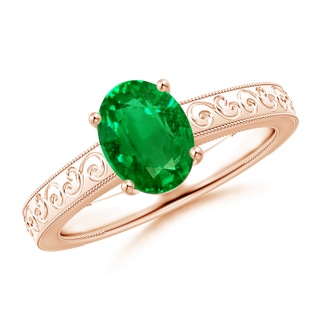 8x6mm AAAA Vintage Inspired Oval Emerald Ring with Engraved Shank in Rose Gold