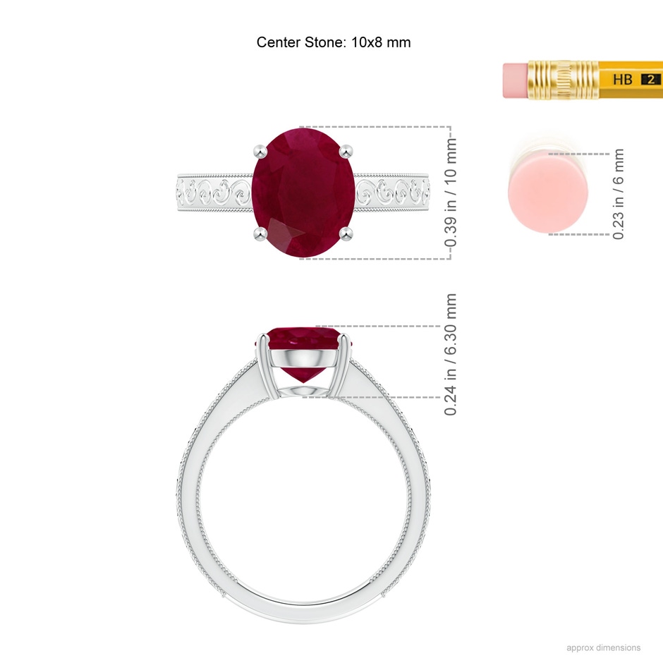 10x8mm A Vintage Inspired Oval Ruby Ring with Engraved Shank in White Gold ruler