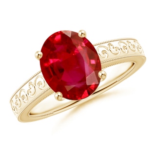 10x8mm AAA Vintage Inspired Oval Ruby Ring with Engraved Shank in Yellow Gold