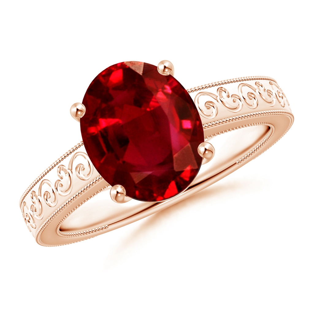 10x8mm AAAA Vintage Inspired Oval Ruby Ring with Engraved Shank in Rose Gold