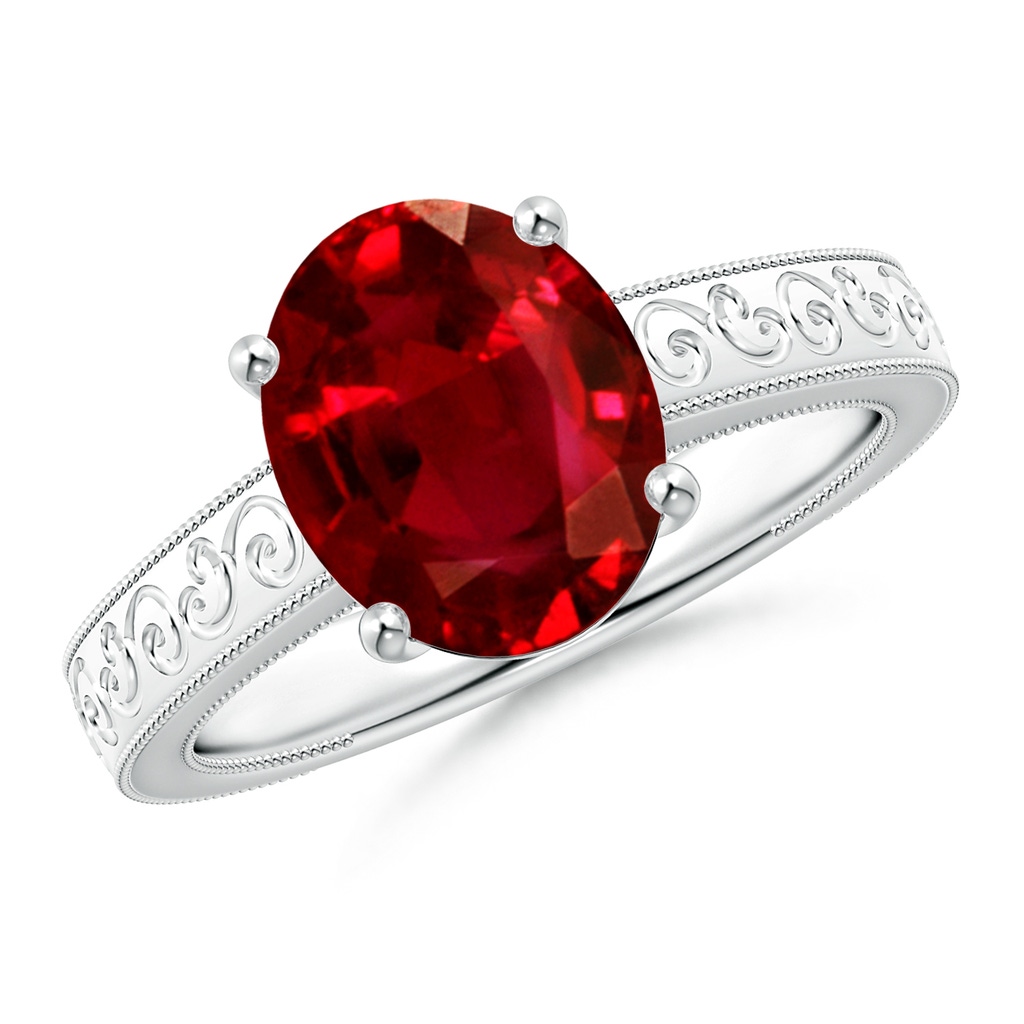 10x8mm AAAA Vintage Inspired Oval Ruby Ring with Engraved Shank in White Gold