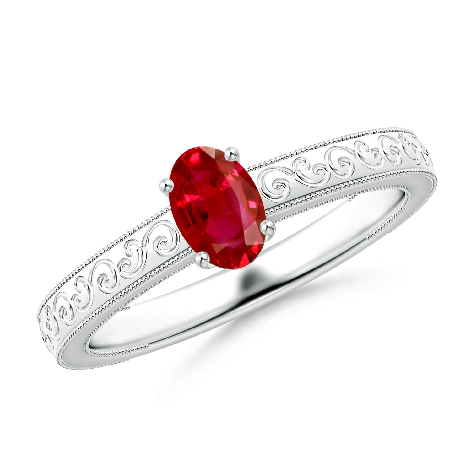 6x4mm AAA Vintage Inspired Oval Ruby Ring with Engraved Shank in White Gold