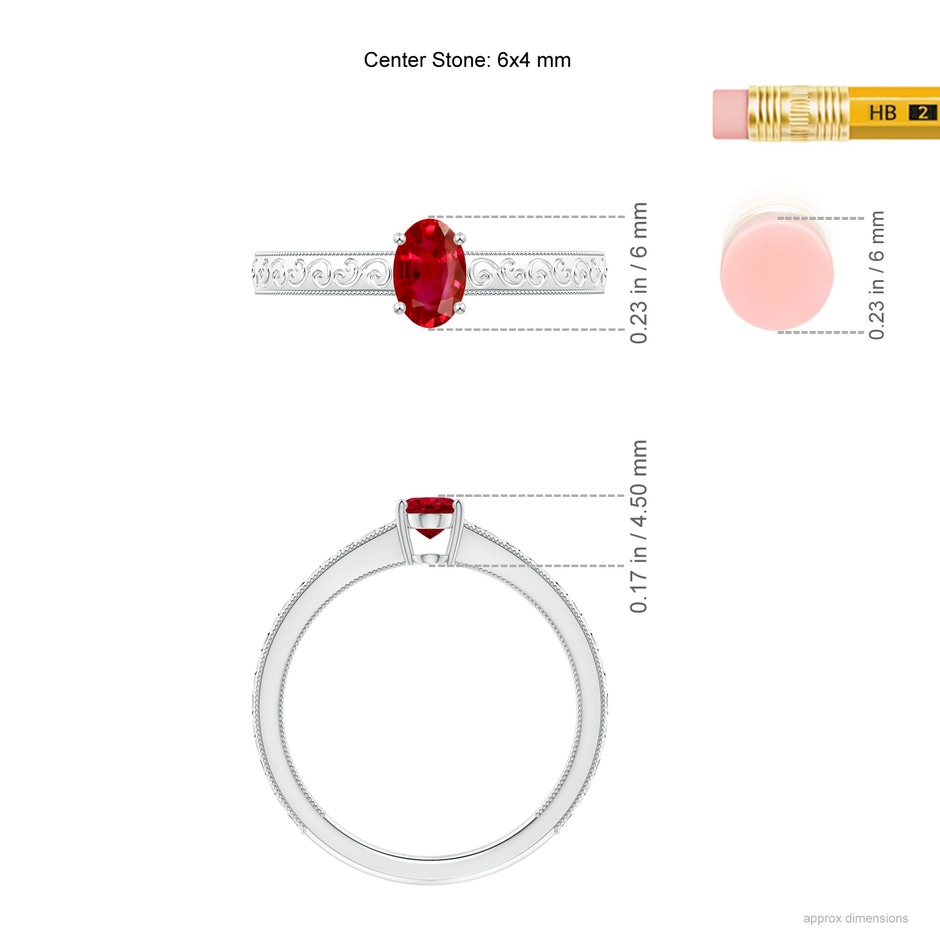 6x4mm AAA Vintage Inspired Oval Ruby Ring with Engraved Shank in White Gold ruler