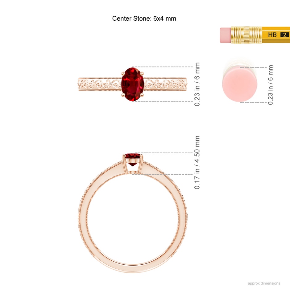 6x4mm AAAA Vintage Inspired Oval Ruby Ring with Engraved Shank in Rose Gold ruler