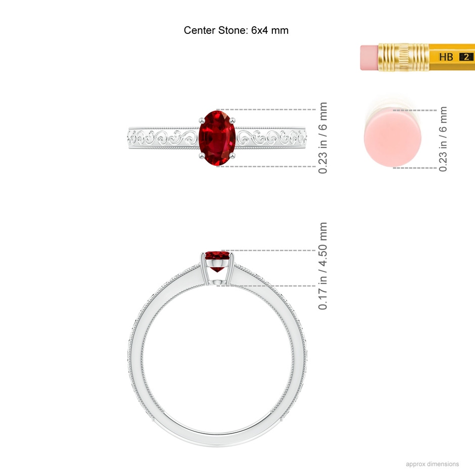 6x4mm AAAA Vintage Inspired Oval Ruby Ring with Engraved Shank in White Gold ruler