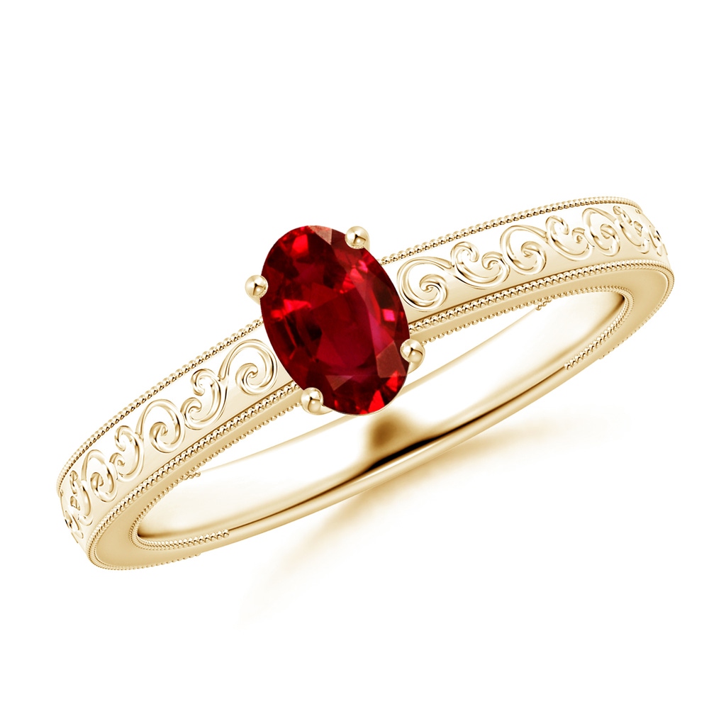 6x4mm AAAA Vintage Inspired Oval Ruby Ring with Engraved Shank in Yellow Gold