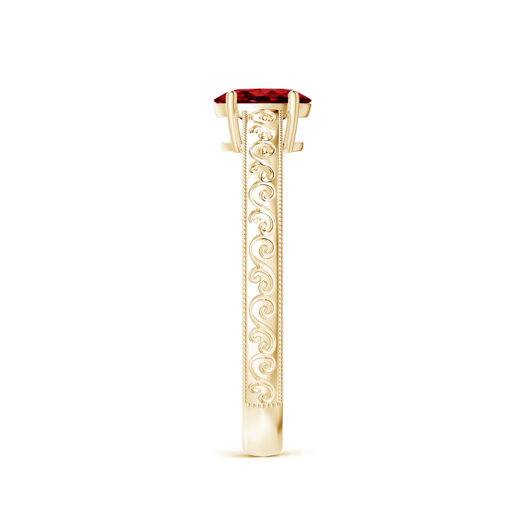 6x4mm AAAA Vintage Inspired Oval Ruby Ring with Engraved Shank in Yellow Gold - side 3
