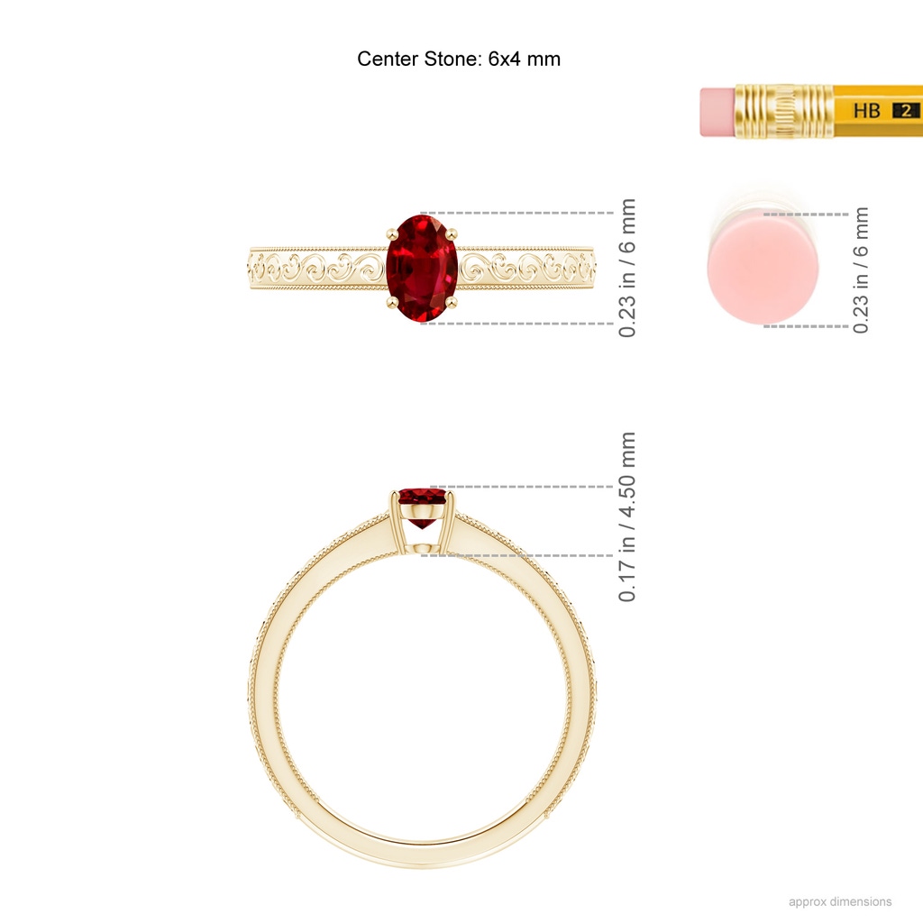 6x4mm AAAA Vintage Inspired Oval Ruby Ring with Engraved Shank in Yellow Gold Ruler