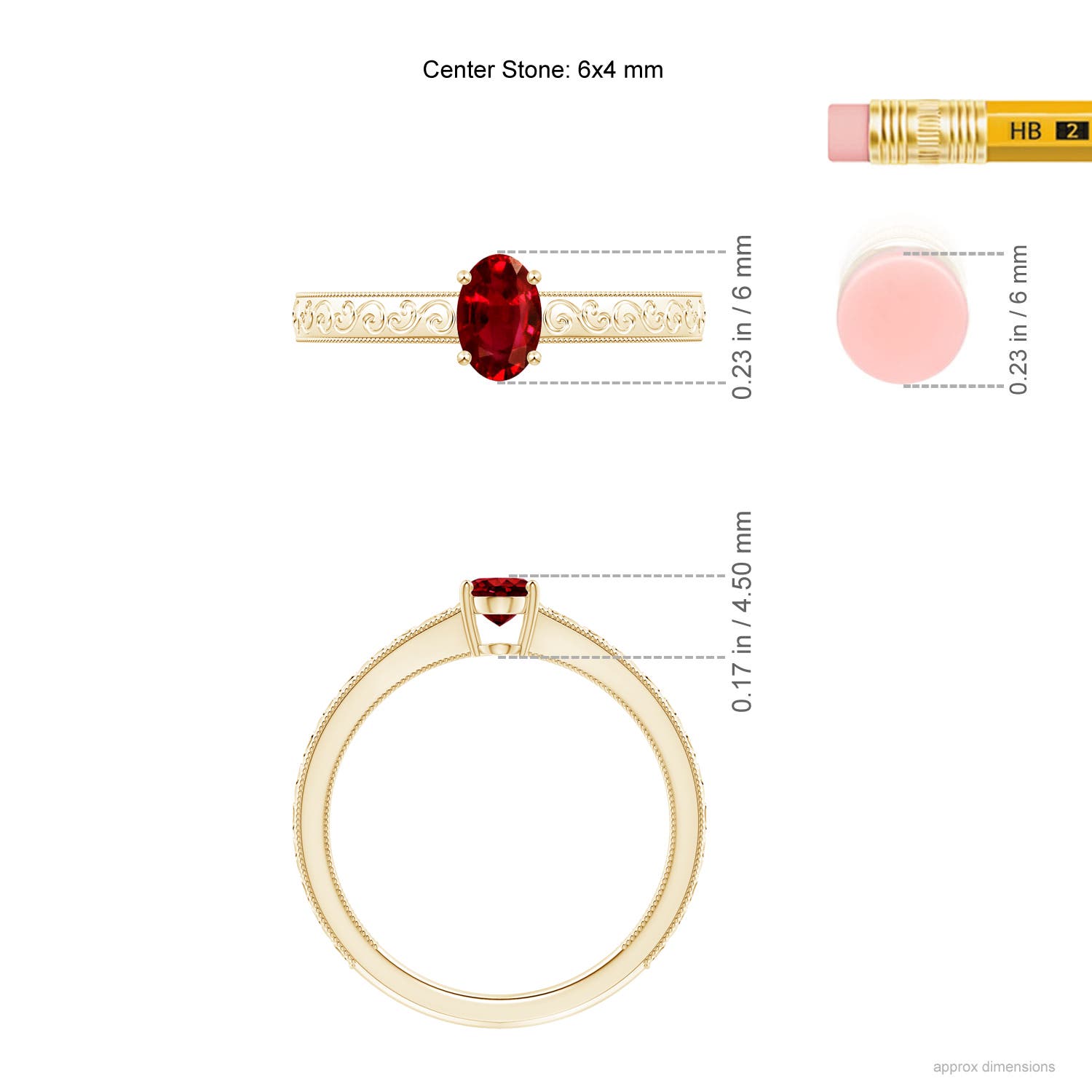 6x4mm AAAA Vintage Inspired Oval Ruby Ring with Engraved Shank in Yellow Gold - ruler