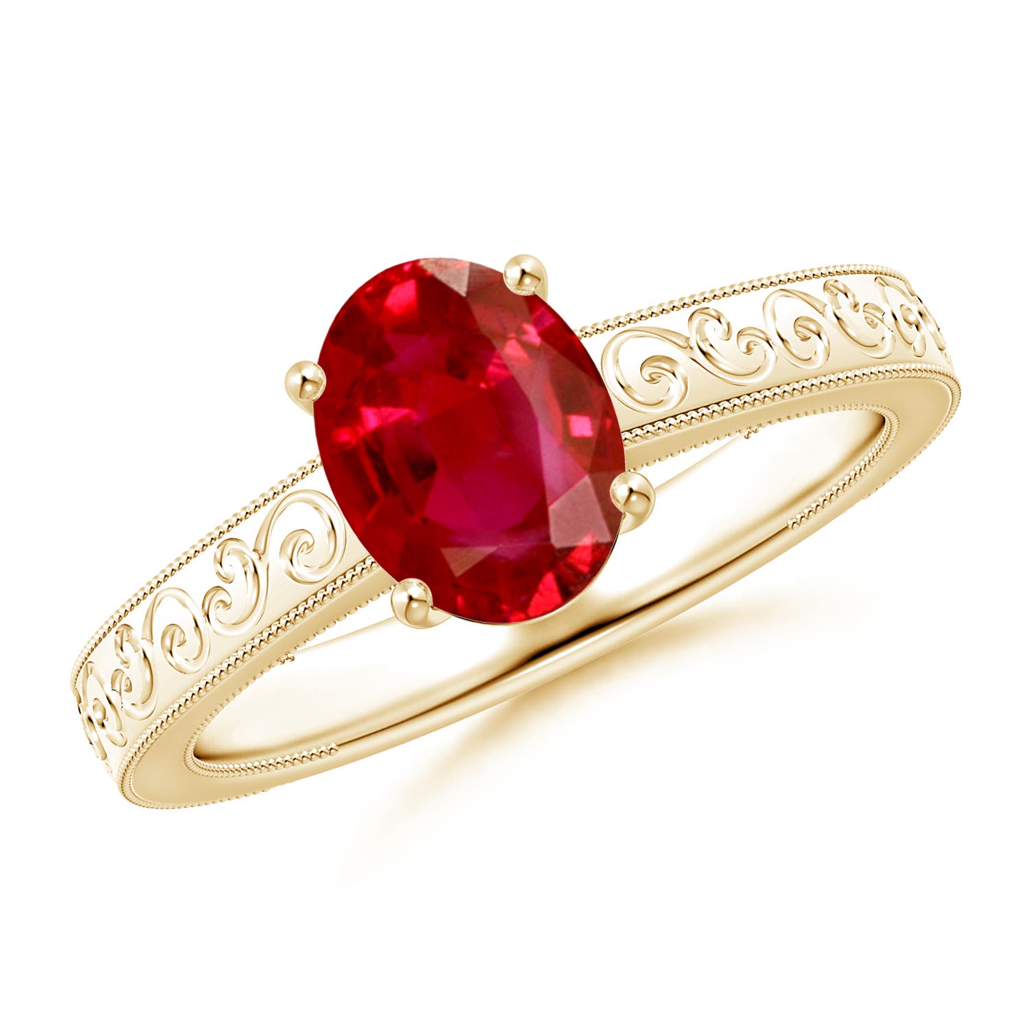 8x6mm AAA Vintage Inspired Oval Ruby Ring with Engraved Shank in Yellow Gold