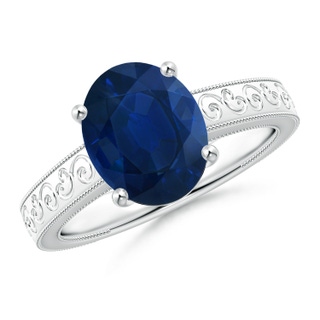 10x8mm AA Vintage Inspired Oval Sapphire Ring with Engraved Shank in White Gold
