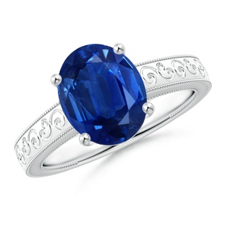 10x8mm AAA Vintage Inspired Oval Sapphire Ring with Engraved Shank in White Gold