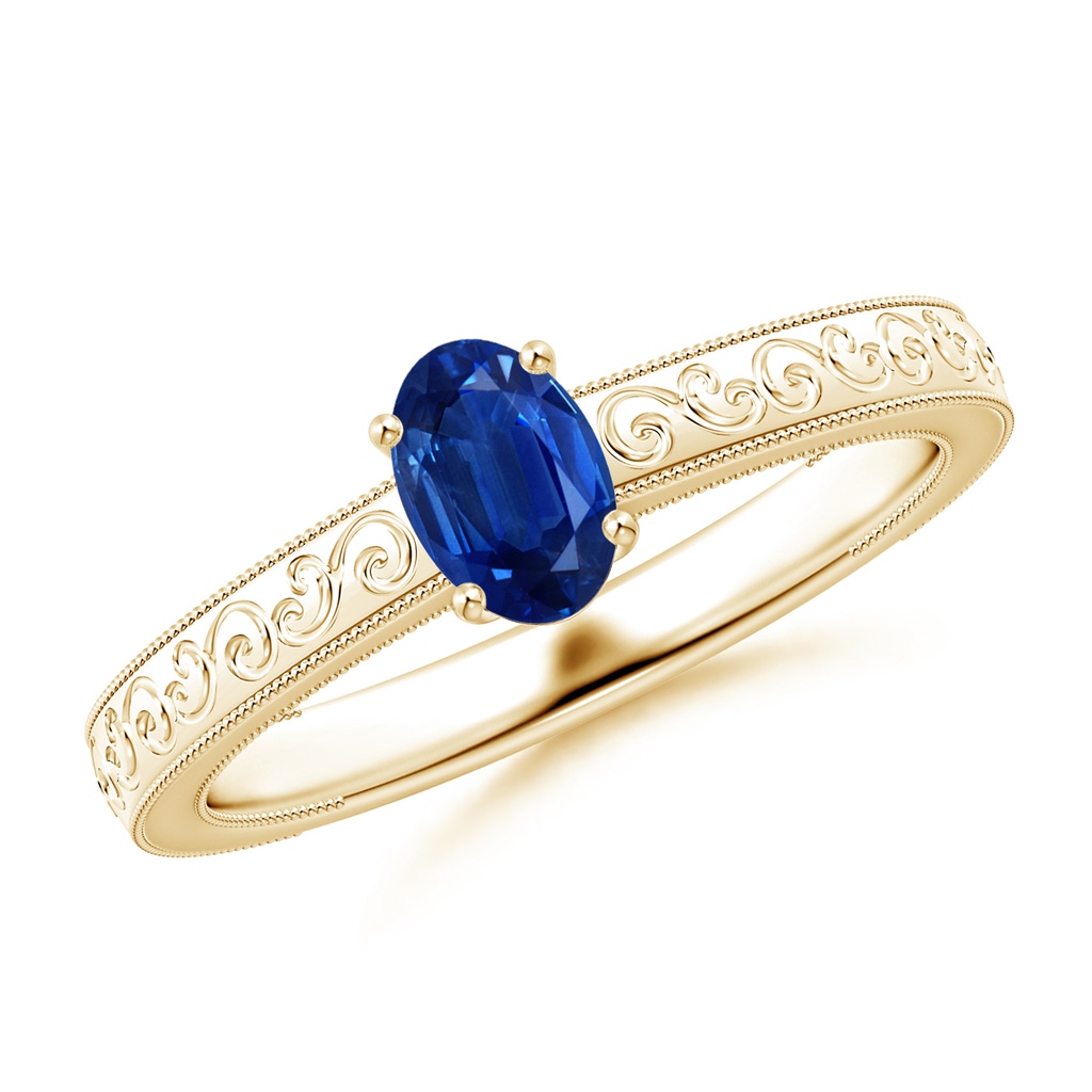 6x4mm AAA Vintage Inspired Oval Sapphire Ring with Engraved Shank in Yellow Gold