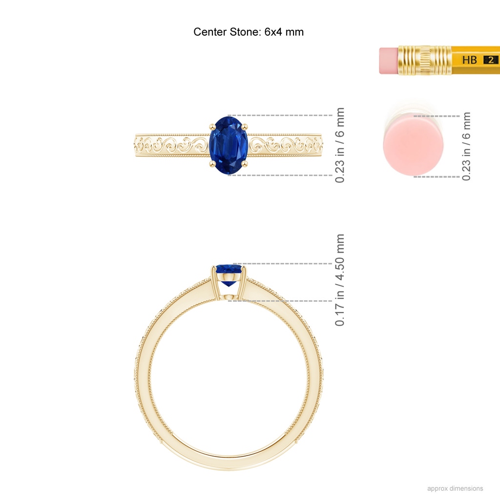 6x4mm AAA Vintage Inspired Oval Sapphire Ring with Engraved Shank in Yellow Gold Ruler