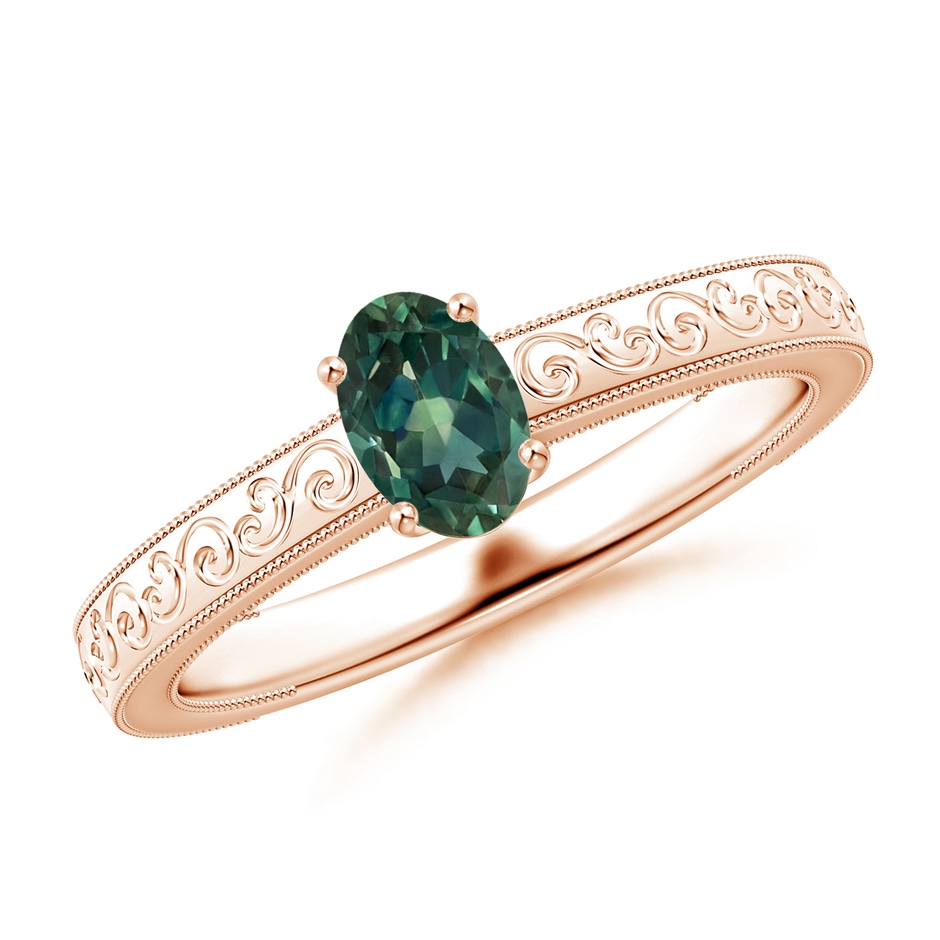 6x4mm AA Vintage Inspired Teal Montana Sapphire Ring with Engraved Shank in 9K Rose Gold 