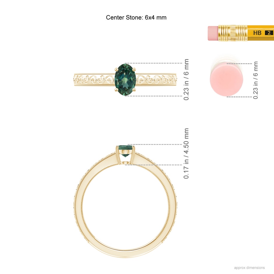 6x4mm AA Vintage Inspired Teal Montana Sapphire Ring with Engraved Shank in 9K Yellow Gold ruler