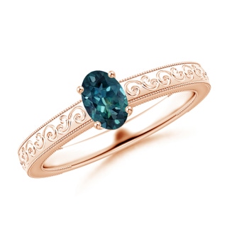 6x4mm AAA Vintage Inspired Teal Montana Sapphire Ring with Engraved Shank in Rose Gold