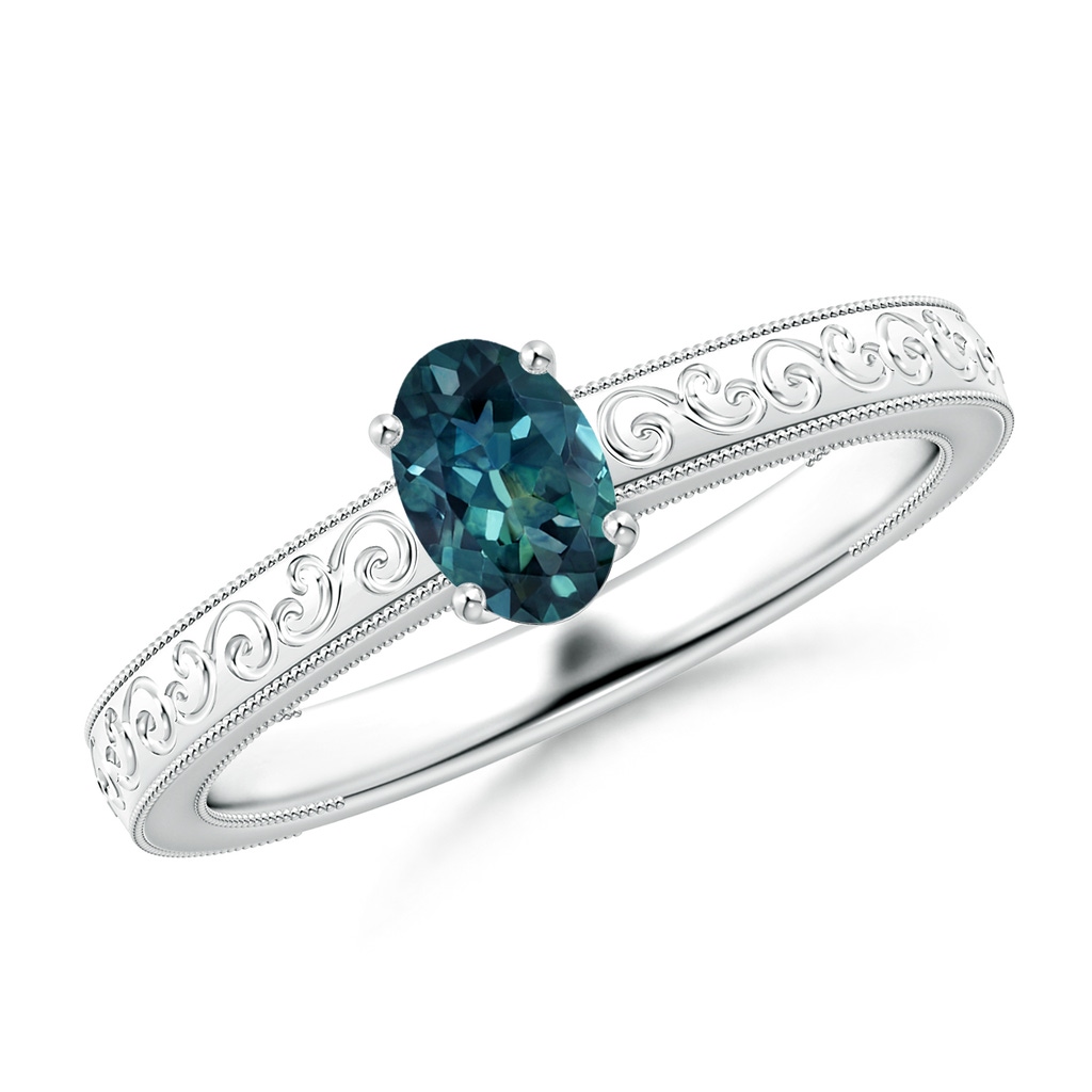 6x4mm AAA Vintage Inspired Teal Montana Sapphire Ring with Engraved Shank in White Gold