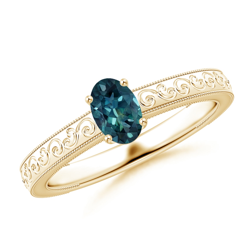 6x4mm AAA Vintage Inspired Teal Montana Sapphire Ring with Engraved Shank in Yellow Gold