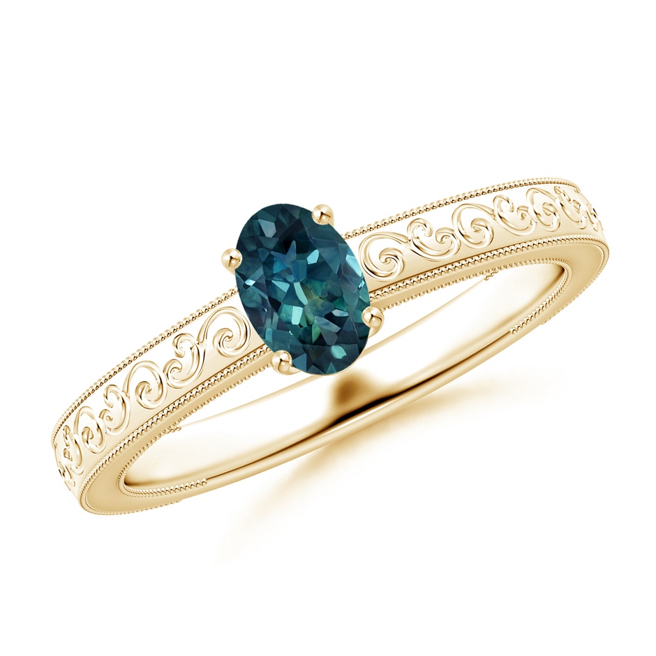 6x4mm AAA Vintage Inspired Teal Montana Sapphire Ring with Engraved Shank in Yellow Gold 