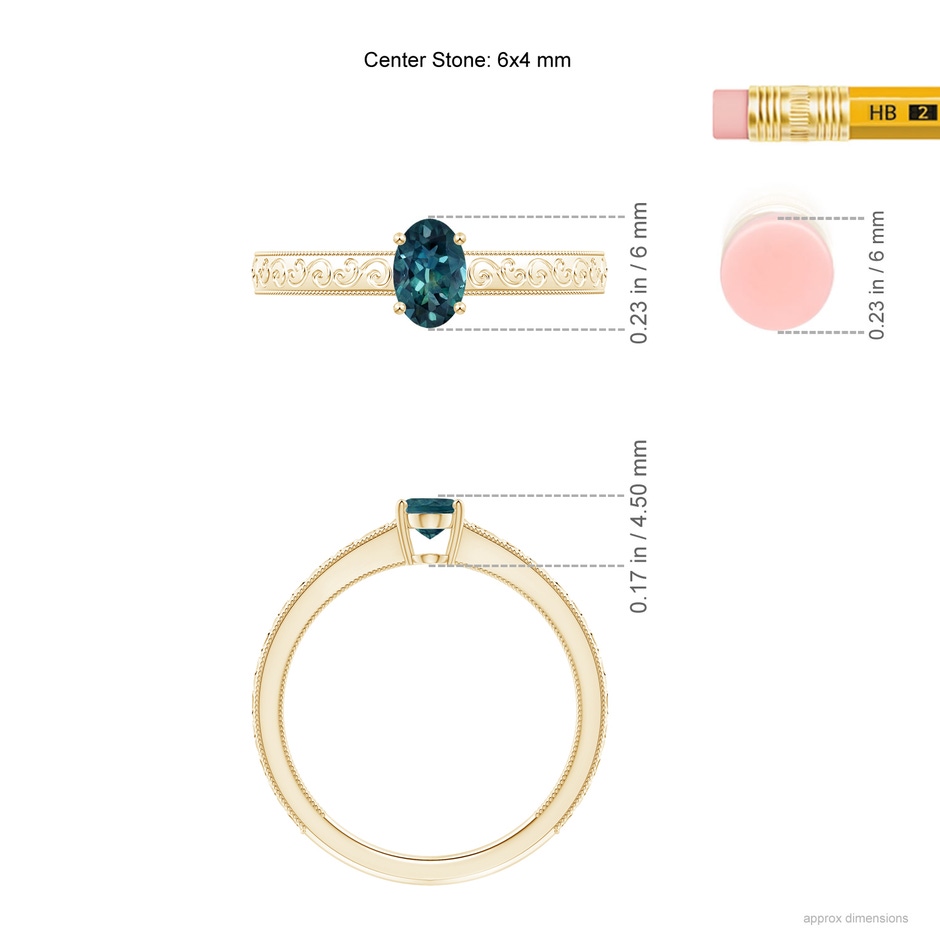 6x4mm AAA Vintage Inspired Teal Montana Sapphire Ring with Engraved Shank in Yellow Gold ruler