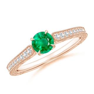 5mm AAA Vintage Inspired Round Emerald Ring with Engraving in Rose Gold