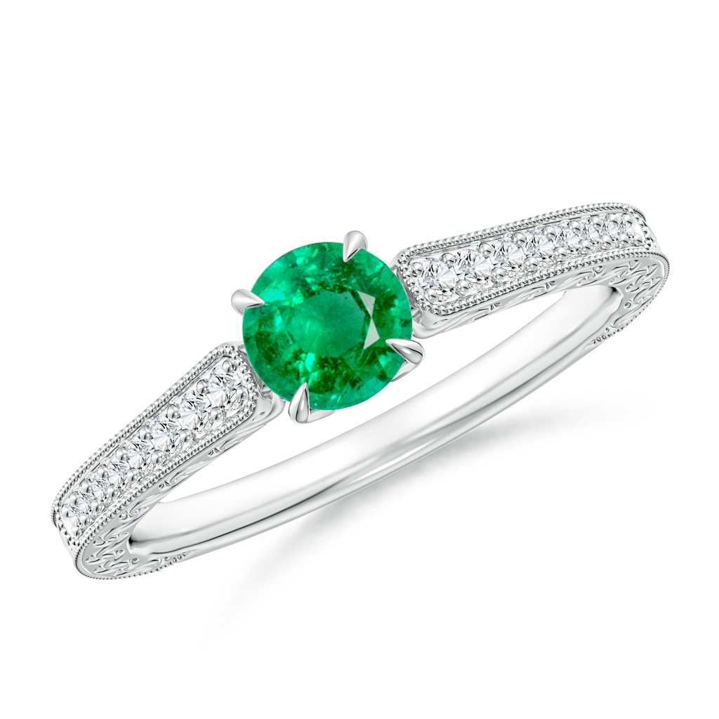 5mm AAA Vintage Inspired Round Emerald Ring with Engraving in White Gold