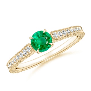 5mm AAA Vintage Inspired Round Emerald Ring with Engraving in Yellow Gold