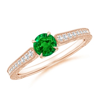 5mm AAAA Vintage Inspired Round Emerald Ring with Engraving in Rose Gold