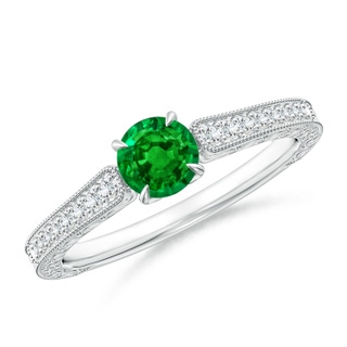 5mm AAAA Vintage Inspired Round Emerald Ring with Engraving in White Gold