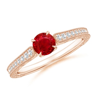 5mm AAA Vintage Inspired Round Ruby Ring with Engraving in Rose Gold